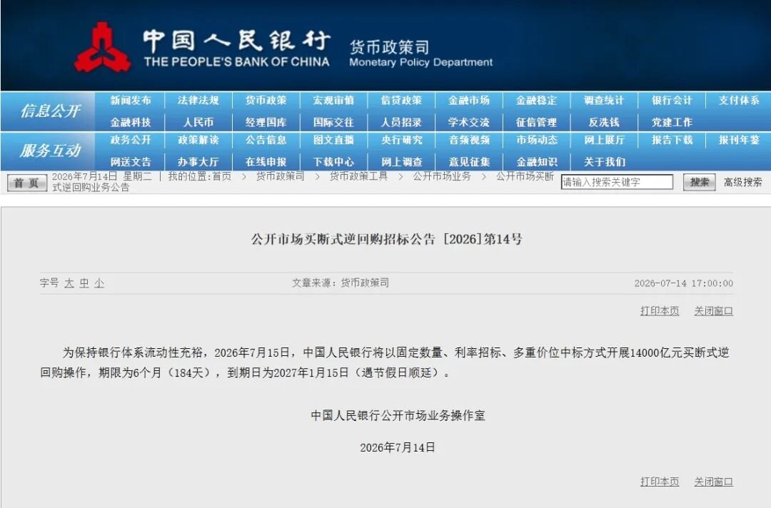 央行：7月15日将开展14000亿元买断式逆回购操作
